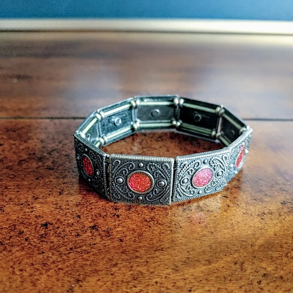 Vintage Silver Bracelet - Red Accent